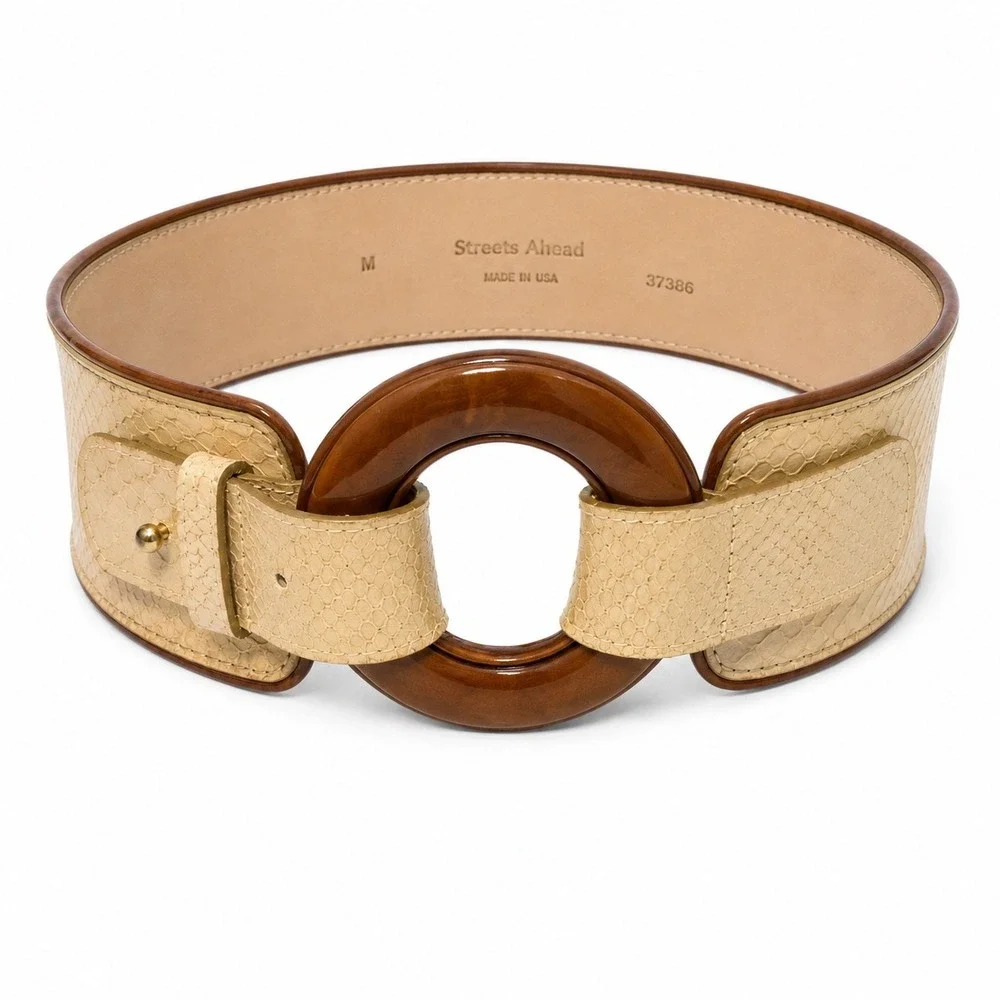 Streets Ahead Womens Snakeskin Embossed Leather Wide Waist Belt Wood Buckle M